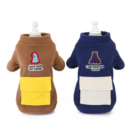 KFX-5618237 Winter Warm Dog Clothing - Pocket Zipper Two-Legged Shirt - Thick Fleece Fabric - Available in Khaki and Blue, Sizes S to XXL