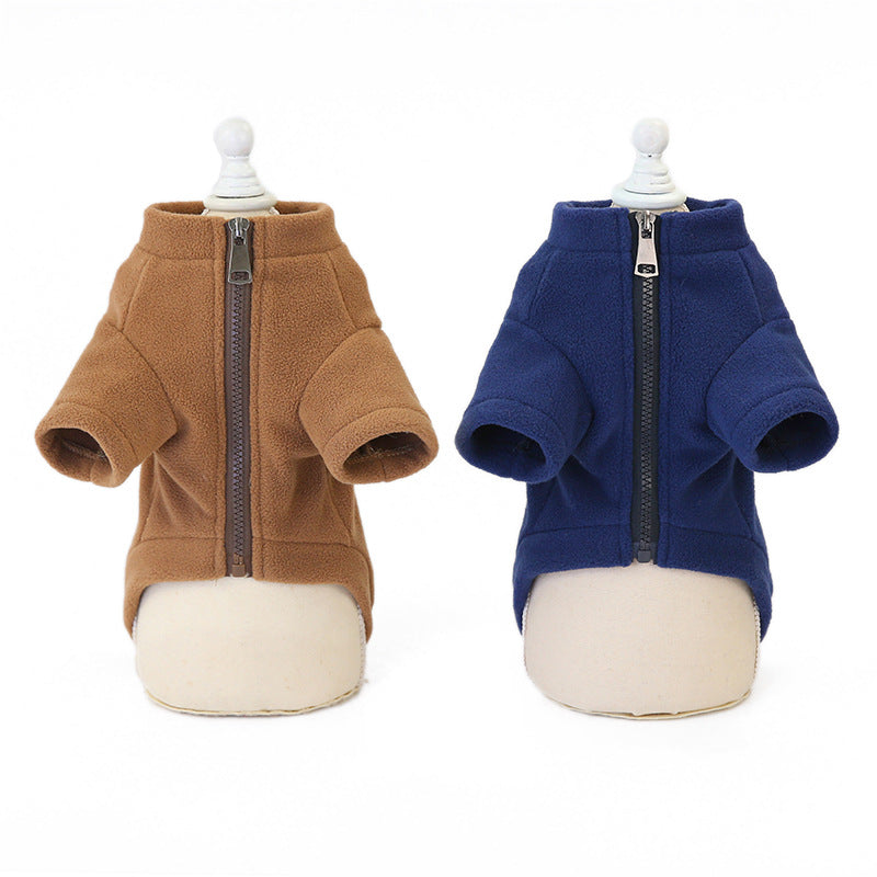 KFX-5618237 Winter Warm Dog Clothing - Pocket Zipper Two-Legged Shirt - Thick Fleece Fabric - Available in Khaki and Blue, Sizes S to XXL