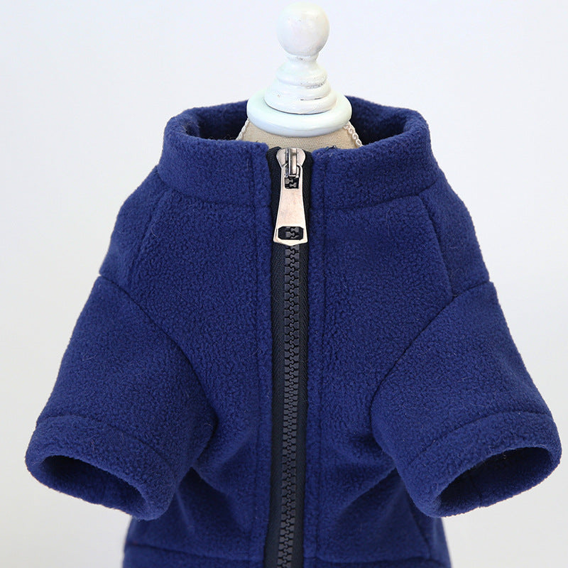 KFX-5618237 Winter Warm Dog Clothing - Pocket Zipper Two-Legged Shirt - Thick Fleece Fabric - Available in Khaki and Blue, Sizes S to XXL