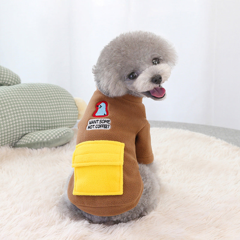 KFX-5618237 Winter Warm Dog Clothing - Pocket Zipper Two-Legged Shirt - Thick Fleece Fabric - Available in Khaki and Blue, Sizes S to XXL