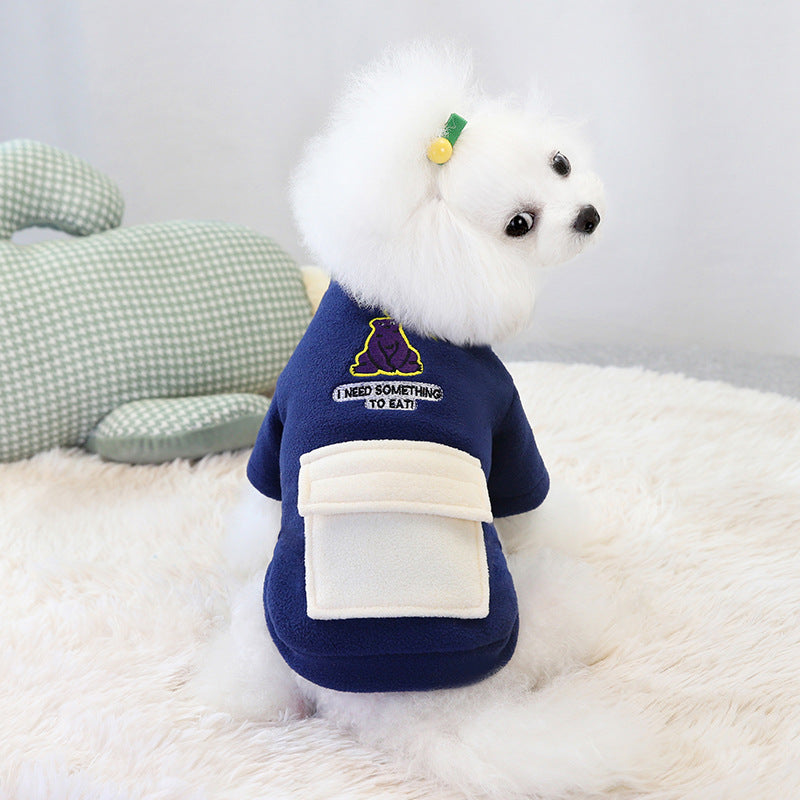 KFX-5618237 Winter Warm Dog Clothing - Pocket Zipper Two-Legged Shirt - Thick Fleece Fabric - Available in Khaki and Blue, Sizes S to XXL