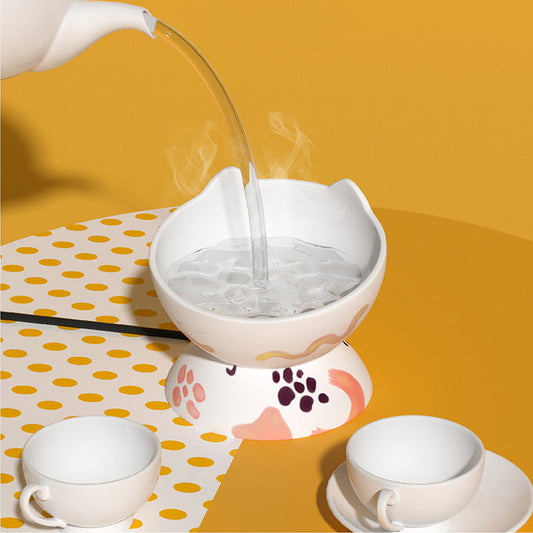 KFX-5620029 Cervical Spine High Foot Ceramic Bowl – Stylish Dual-Use Pet Dish in White and Powder Colors