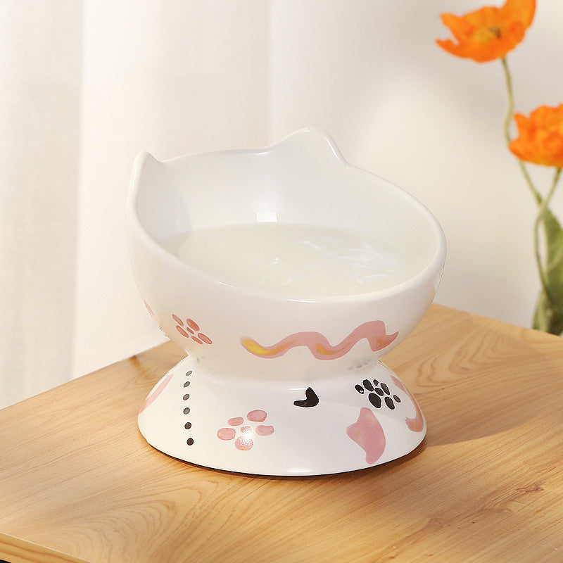 KFX-5620029 Cervical Spine High Foot Ceramic Bowl – Stylish Dual-Use Pet Dish in White and Powder Colors