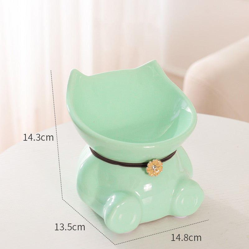 KFX-5620029 Cervical Spine High Foot Ceramic Bowl – Stylish Dual-Use Pet Dish in White and Powder Colors