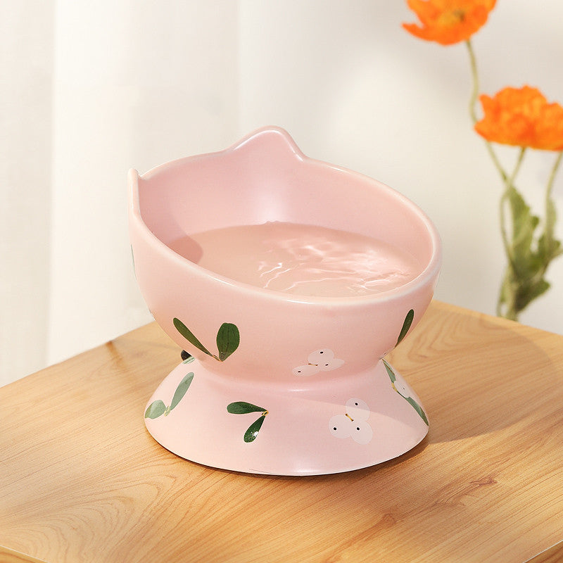 KFX-5620029 Cervical Spine High Foot Ceramic Bowl – Stylish Dual-Use Pet Dish in White and Powder Colors