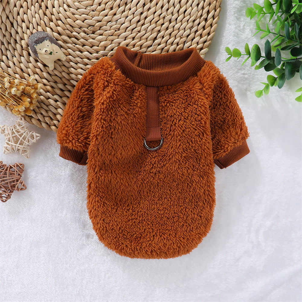 KFX-5620413 Hooded Double-Sided Fleece Dog Clothes in Various Colors with Traction Rope Clip