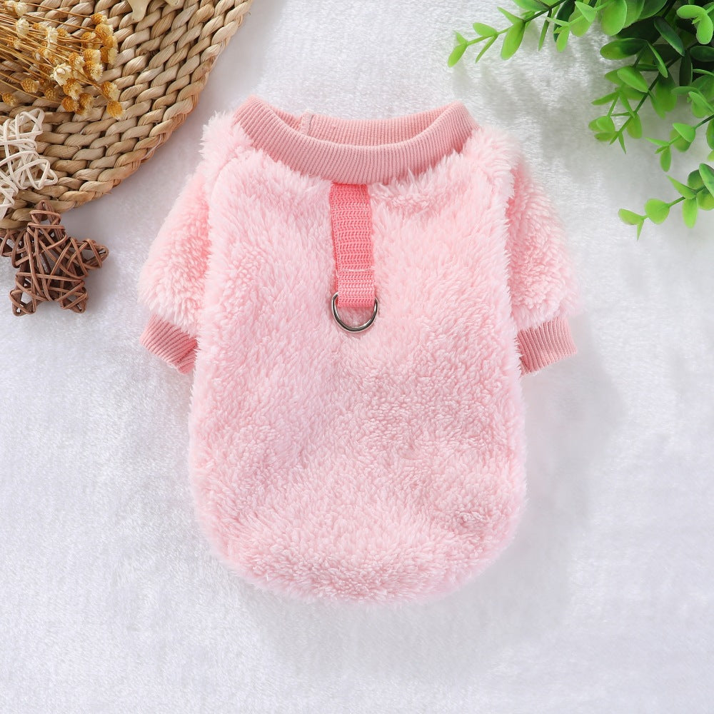 KFX-5620413 Hooded Double-Sided Fleece Dog Clothes in Various Colors with Traction Rope Clip