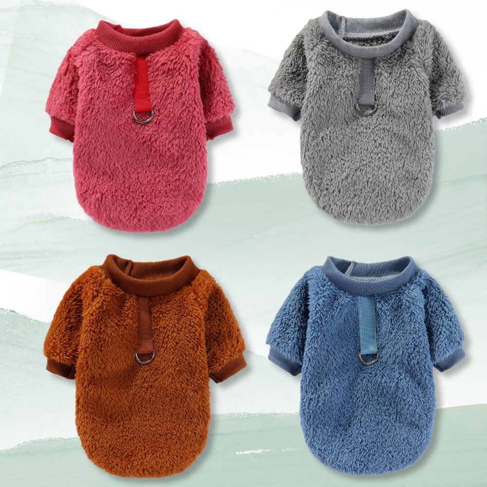 KFX-5620413 Hooded Double-Sided Fleece Dog Clothes in Various Colors with Traction Rope Clip