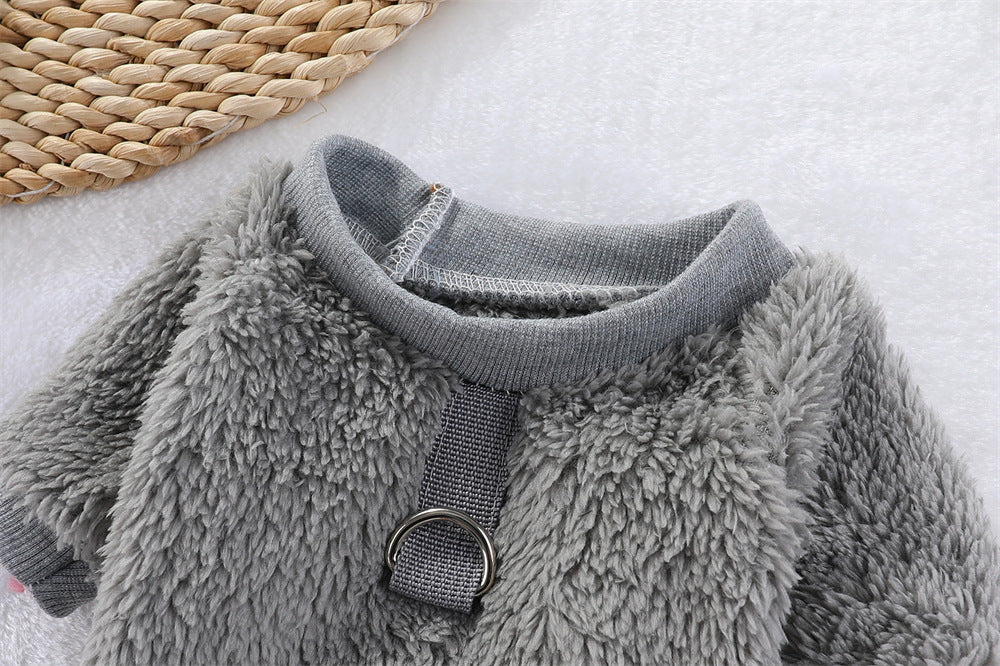 KFX-5620413 Hooded Double-Sided Fleece Dog Clothes in Various Colors with Traction Rope Clip