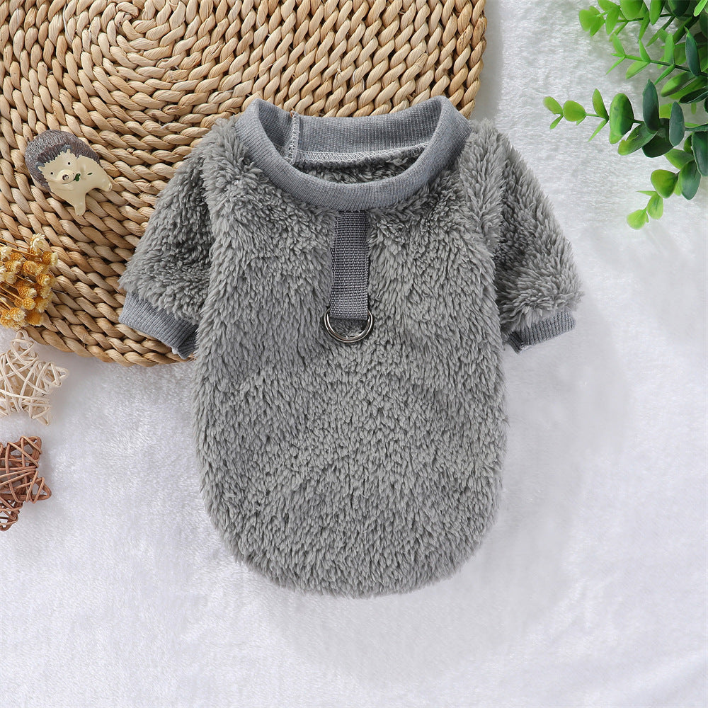 KFX-5620413 Hooded Double-Sided Fleece Dog Clothes in Various Colors with Traction Rope Clip