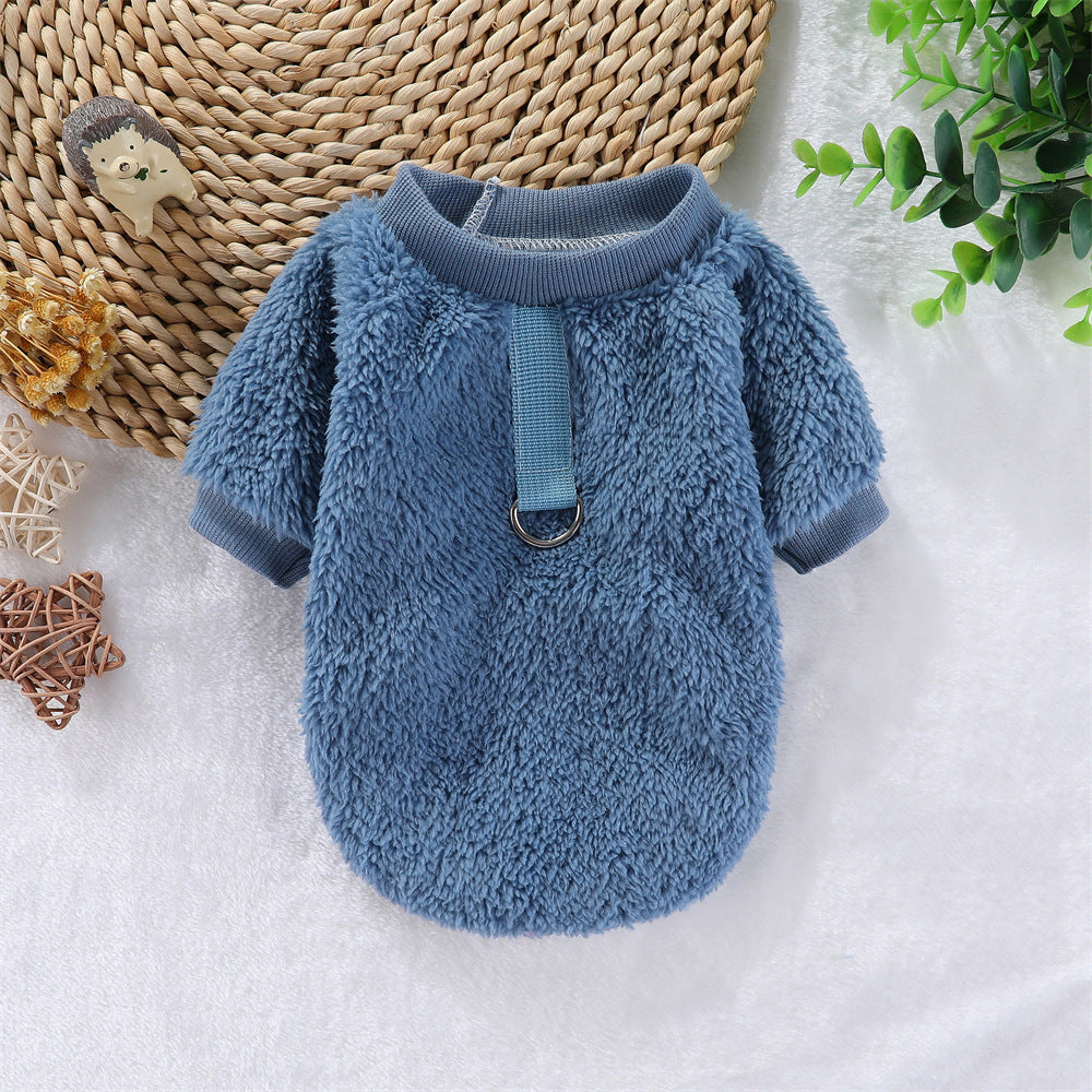 KFX-5620413 Hooded Double-Sided Fleece Dog Clothes in Various Colors with Traction Rope Clip