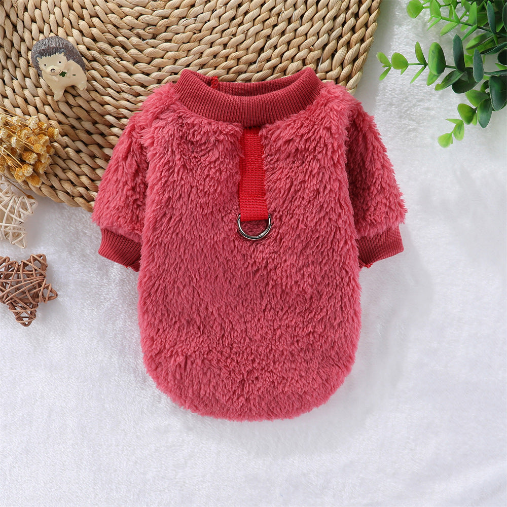 KFX-5620413 Hooded Double-Sided Fleece Dog Clothes in Various Colors with Traction Rope Clip