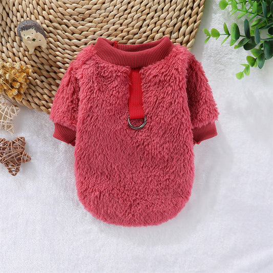 KFX-5620413 Hooded Double-Sided Fleece Dog Clothes in Various Colors with Traction Rope Clip