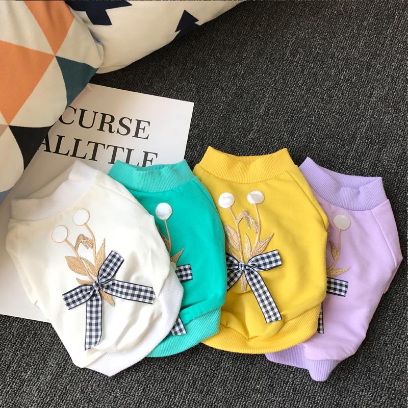 KFX-5623997 Casual Cotton Dog Bow T-Shirt in White and Yellow, Multiple Sizes Available