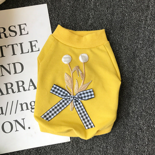 KFX-5623997 Casual Cotton Dog Bow T-Shirt in White and Yellow, Multiple Sizes Available