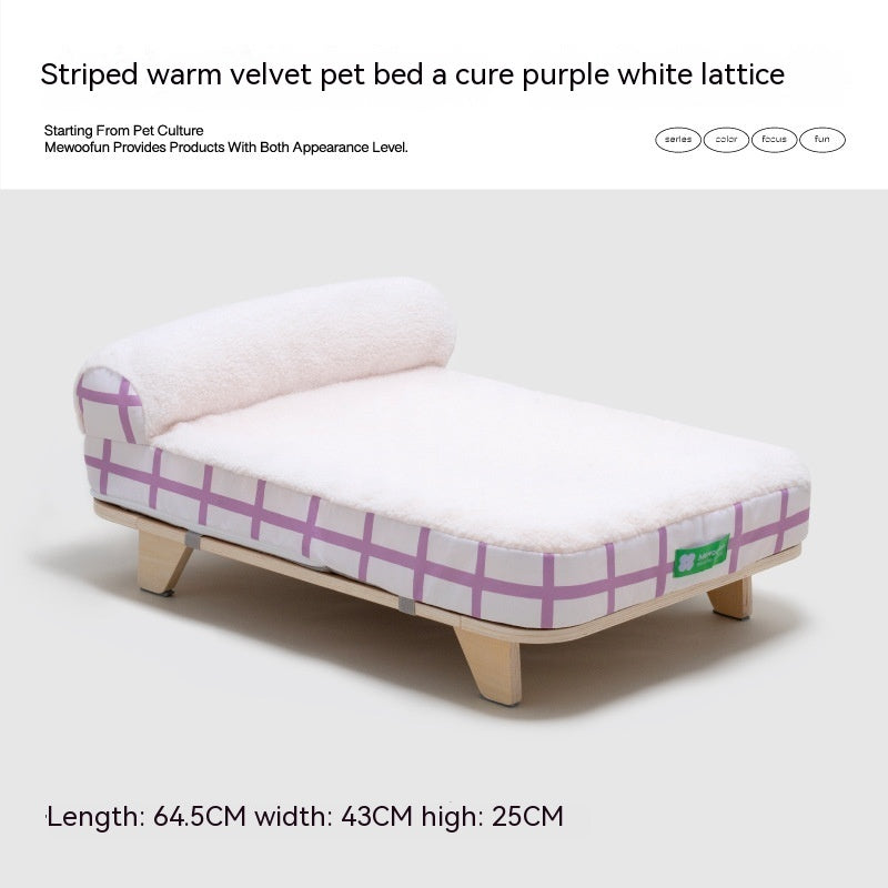 KFX-5625661 Warm Striped Plush Pet Bed for Small to Medium Dogs and Cats, Memory Sponge, Birch Board Structure