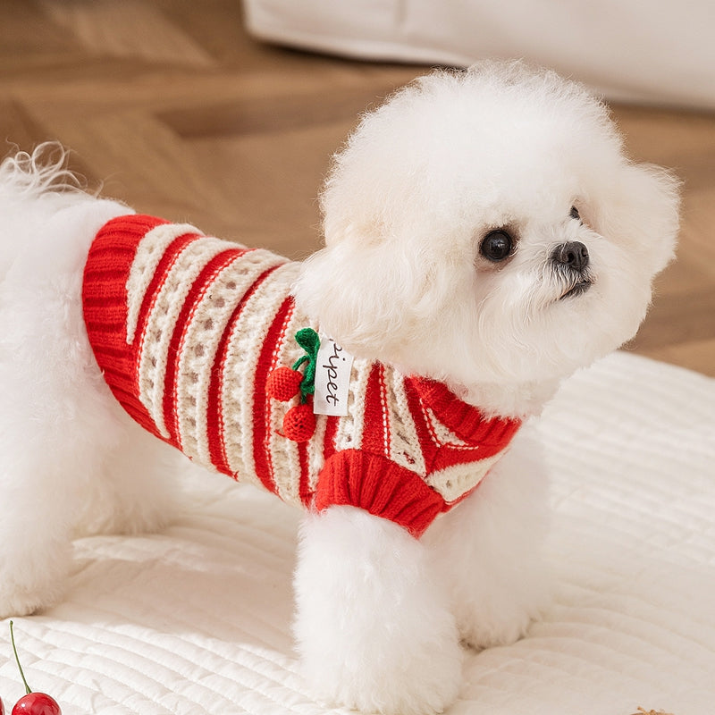 KFX-5630141 Knitted Cherry Pullover Sweater for Small Dogs and Cats, Soft and Warm, Red and White Striped Design