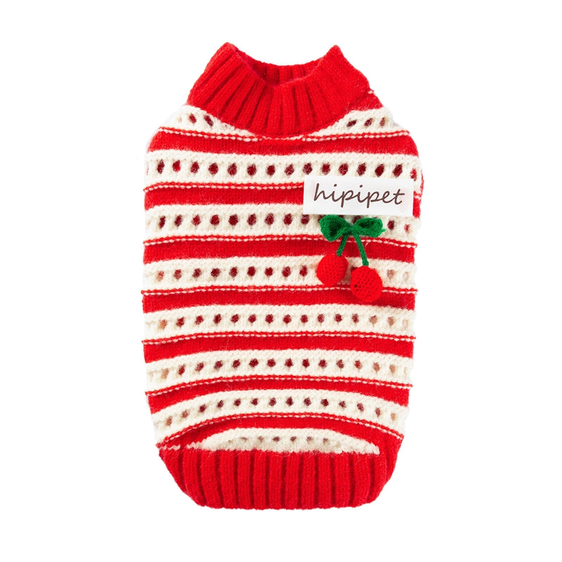 KFX-5630141 Knitted Cherry Pullover Sweater for Small Dogs and Cats, Soft and Warm, Red and White Striped Design