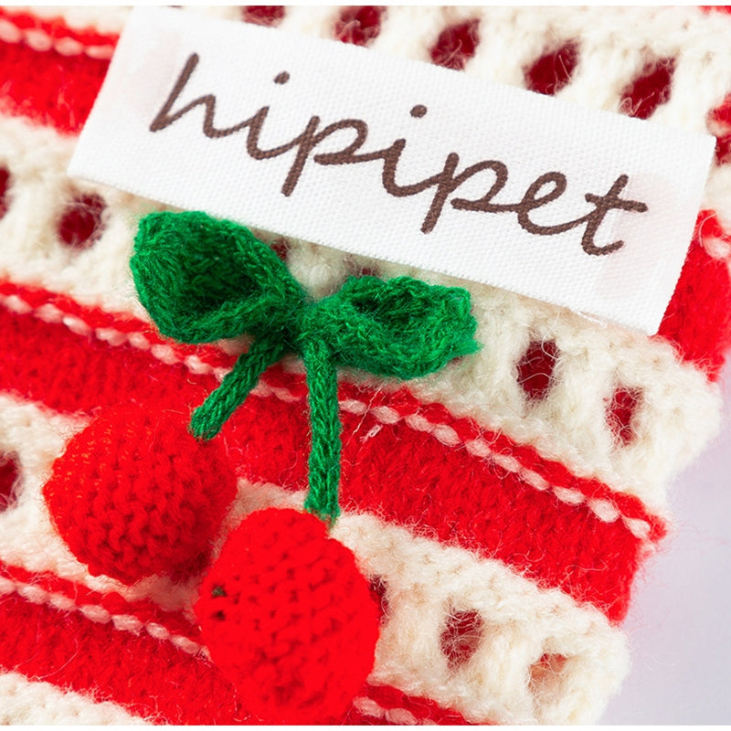 KFX-5630141 Knitted Cherry Pullover Sweater for Small Dogs and Cats, Soft and Warm, Red and White Striped Design