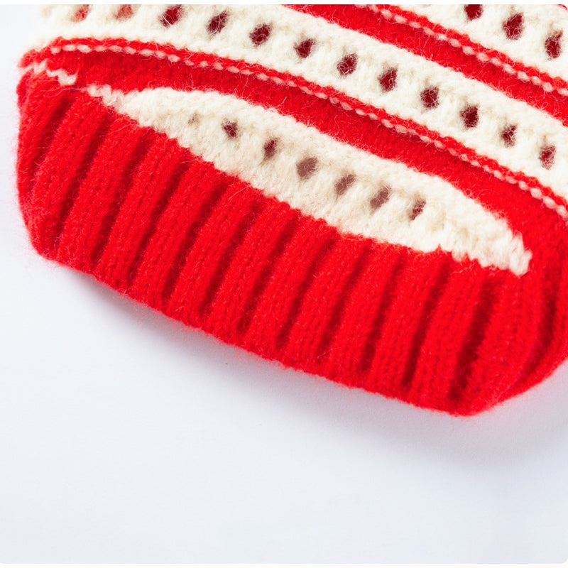 KFX-5630141 Knitted Cherry Pullover Sweater for Small Dogs and Cats, Soft and Warm, Red and White Striped Design