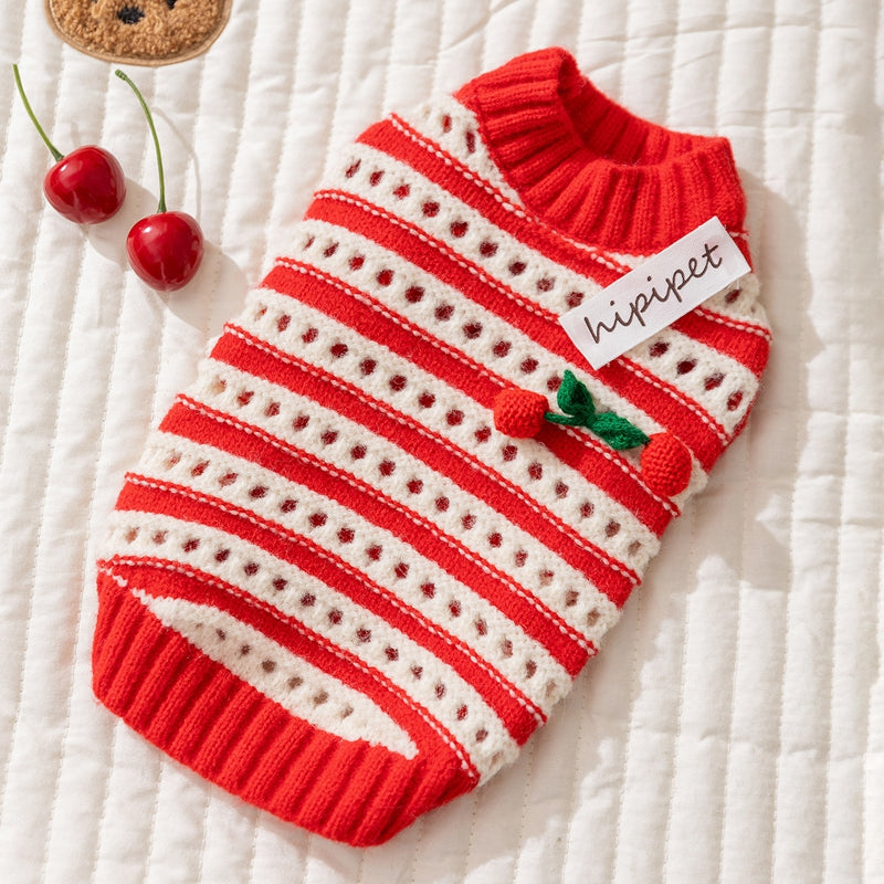 KFX-5630141 Knitted Cherry Pullover Sweater for Small Dogs and Cats, Soft and Warm, Red and White Striped Design