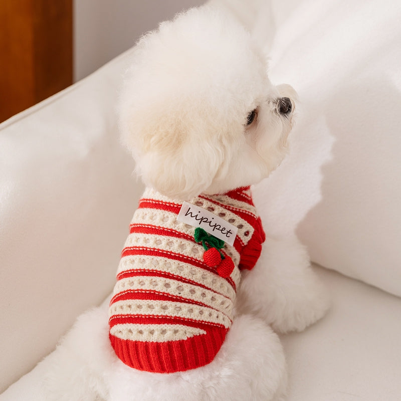 KFX-5630141 Knitted Cherry Pullover Sweater for Small Dogs and Cats, Soft and Warm, Red and White Striped Design
