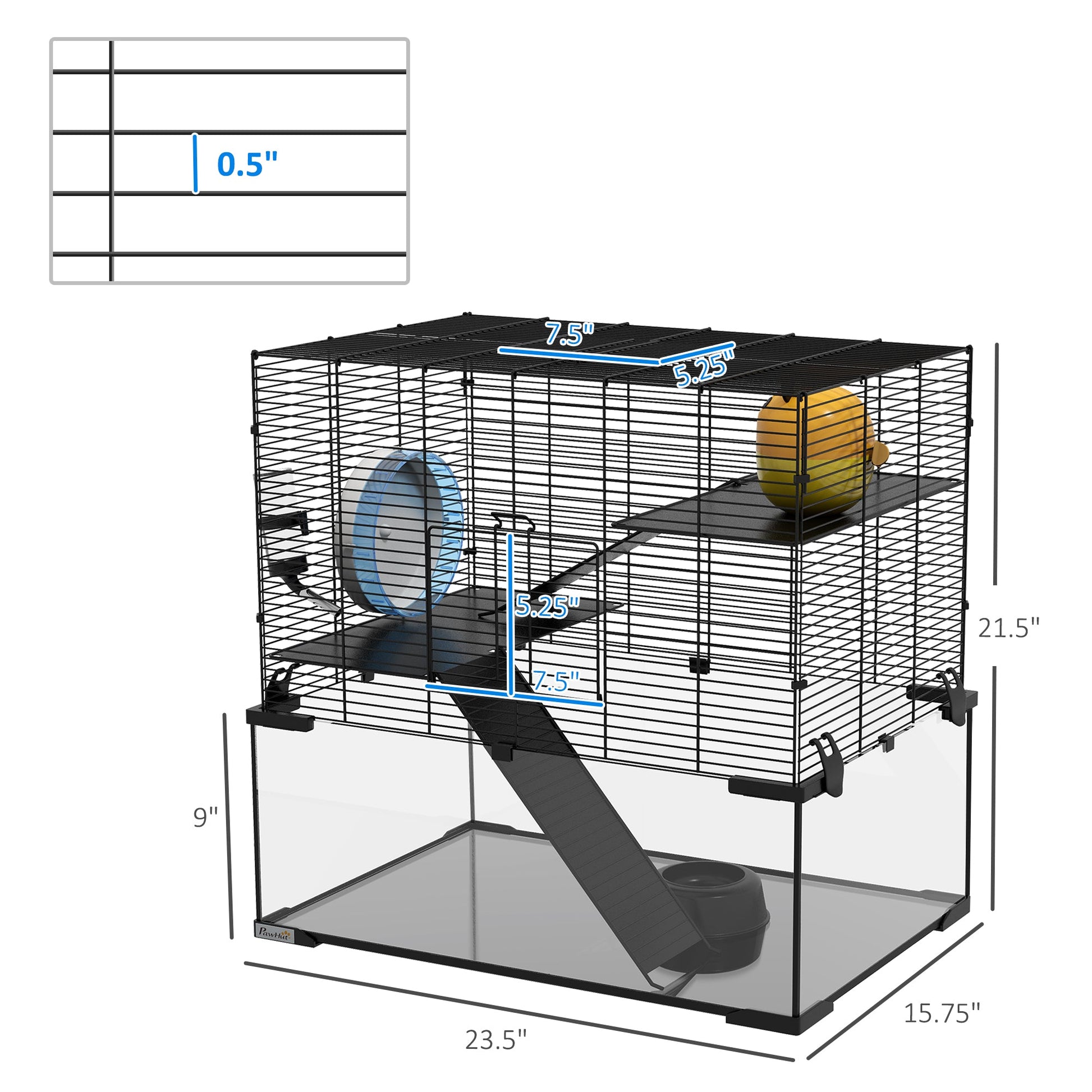 KFX-5635005 Spacious 3-Tier Hamster Cage with Tempered Glass Bottom and Accessories