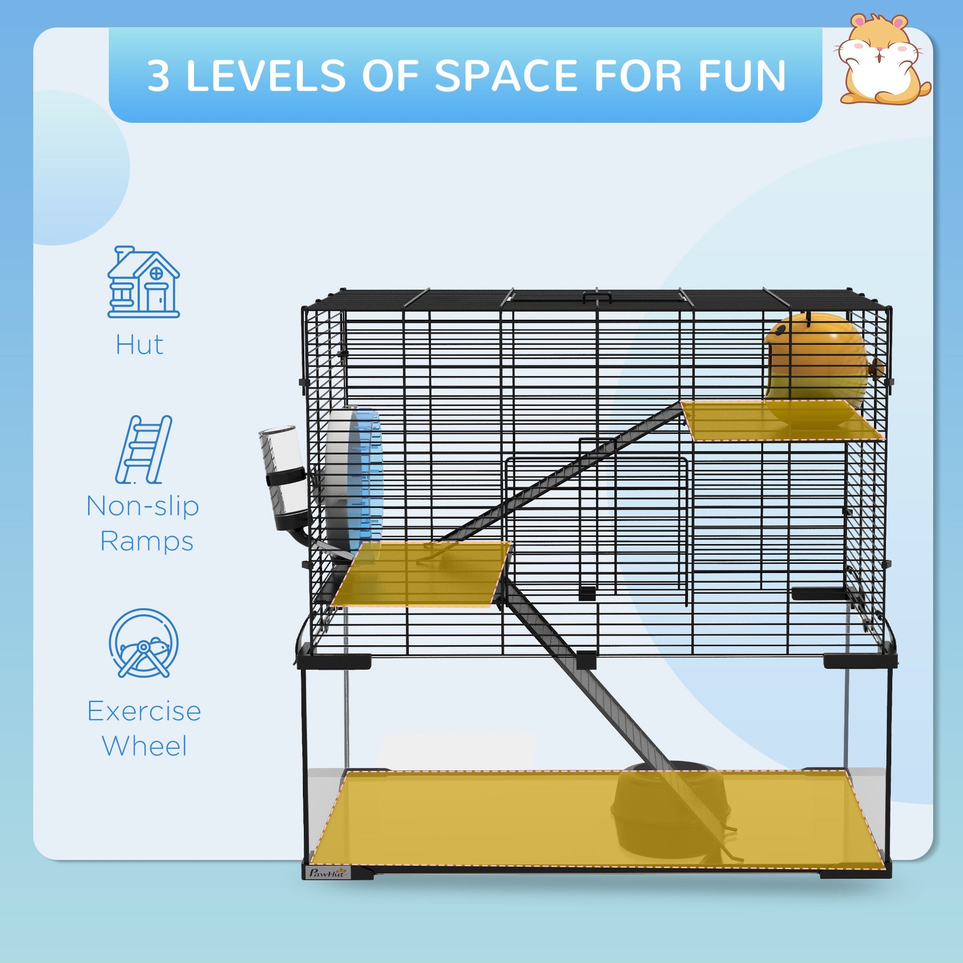 KFX-5635005 Spacious 3-Tier Hamster Cage with Tempered Glass Bottom and Accessories