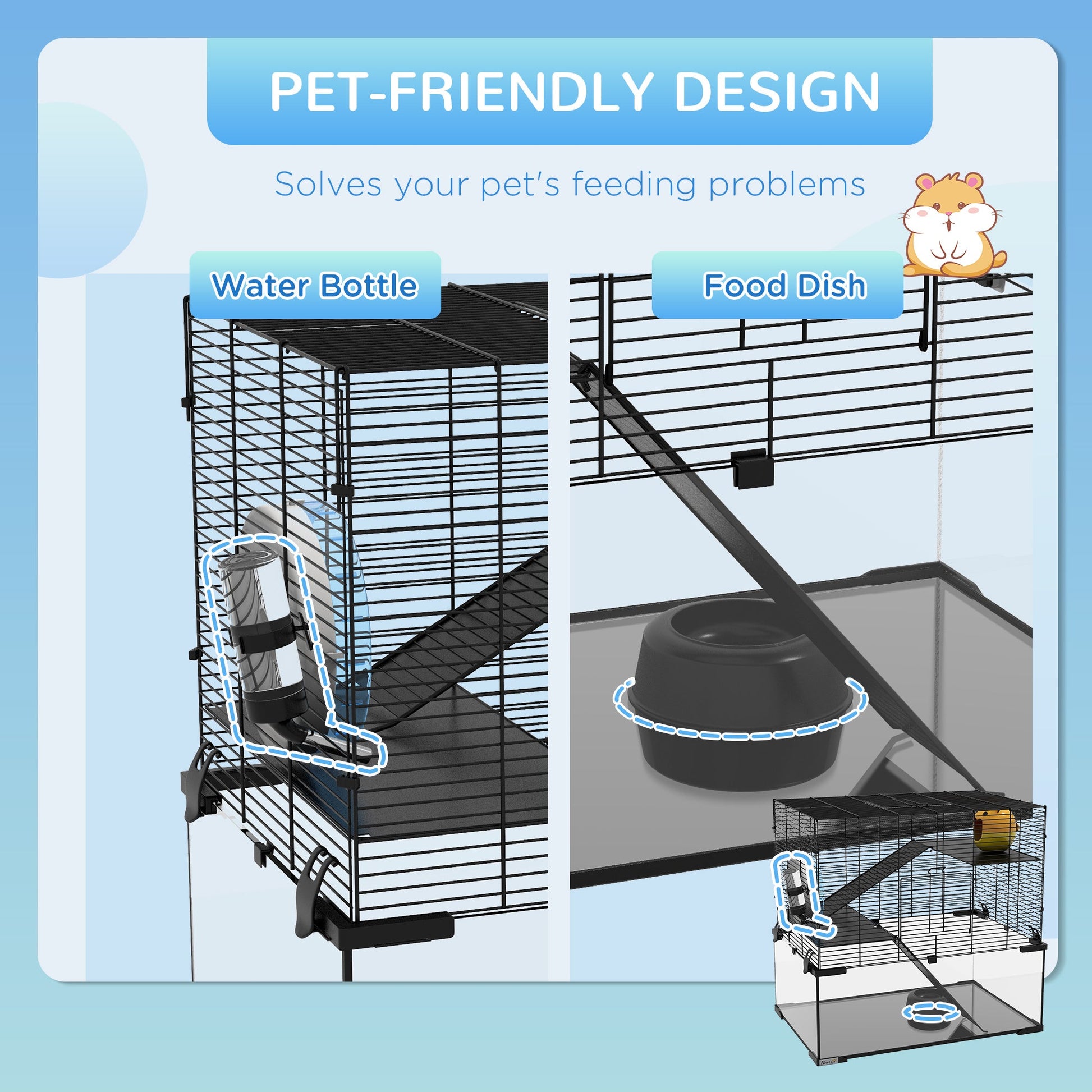 KFX-5635005 Spacious 3-Tier Hamster Cage with Tempered Glass Bottom and Accessories