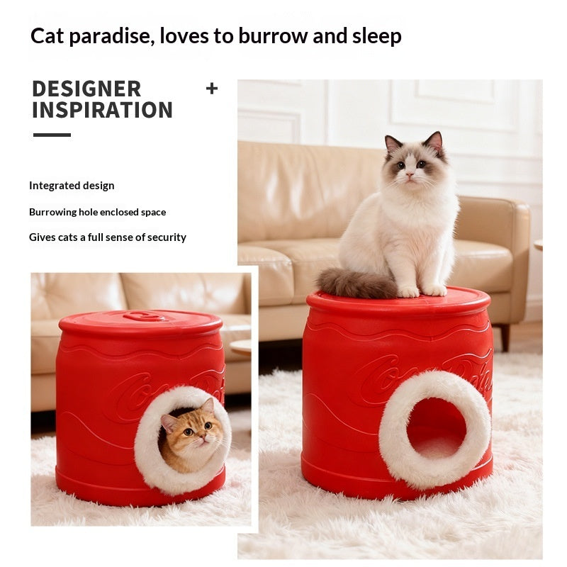 KFX-5635389 All-Season Enclosed Cat House - Warm PVC Can-Shaped Cat Bed