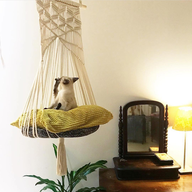 KFX-5640765 Handmade Macrame Pet Swing Cage for Indoor and Outdoor Use, Ideal for Bedrooms and Living Spaces
