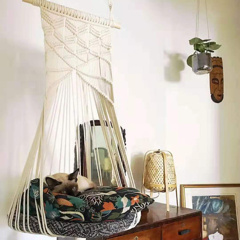KFX-5640765 Handmade Macrame Pet Swing Cage for Indoor and Outdoor Use, Ideal for Bedrooms and Living Spaces