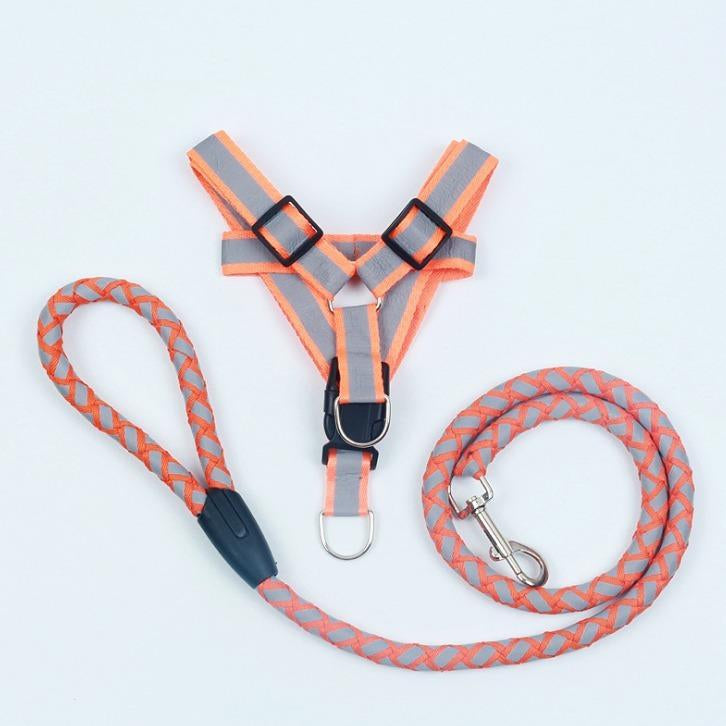 KFX-5640893 Reflective Nylon Braided Pet Leash and Harness Set - Various Colors and Sizes Available