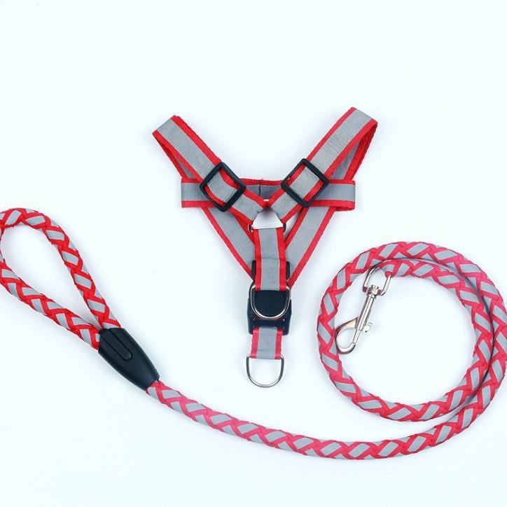 KFX-5640893 Reflective Nylon Braided Pet Leash and Harness Set - Various Colors and Sizes Available
