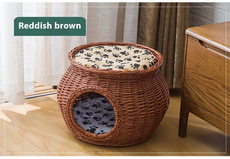 KFX-5641149 Rattan Cat Nest - Summer Cool Wicker Cat House for Comfortable Resting