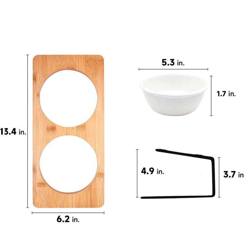 KFX-5644349 Tilted Ceramic Feeding Bowl Set with Bamboo Stand for Small Dogs and Cats