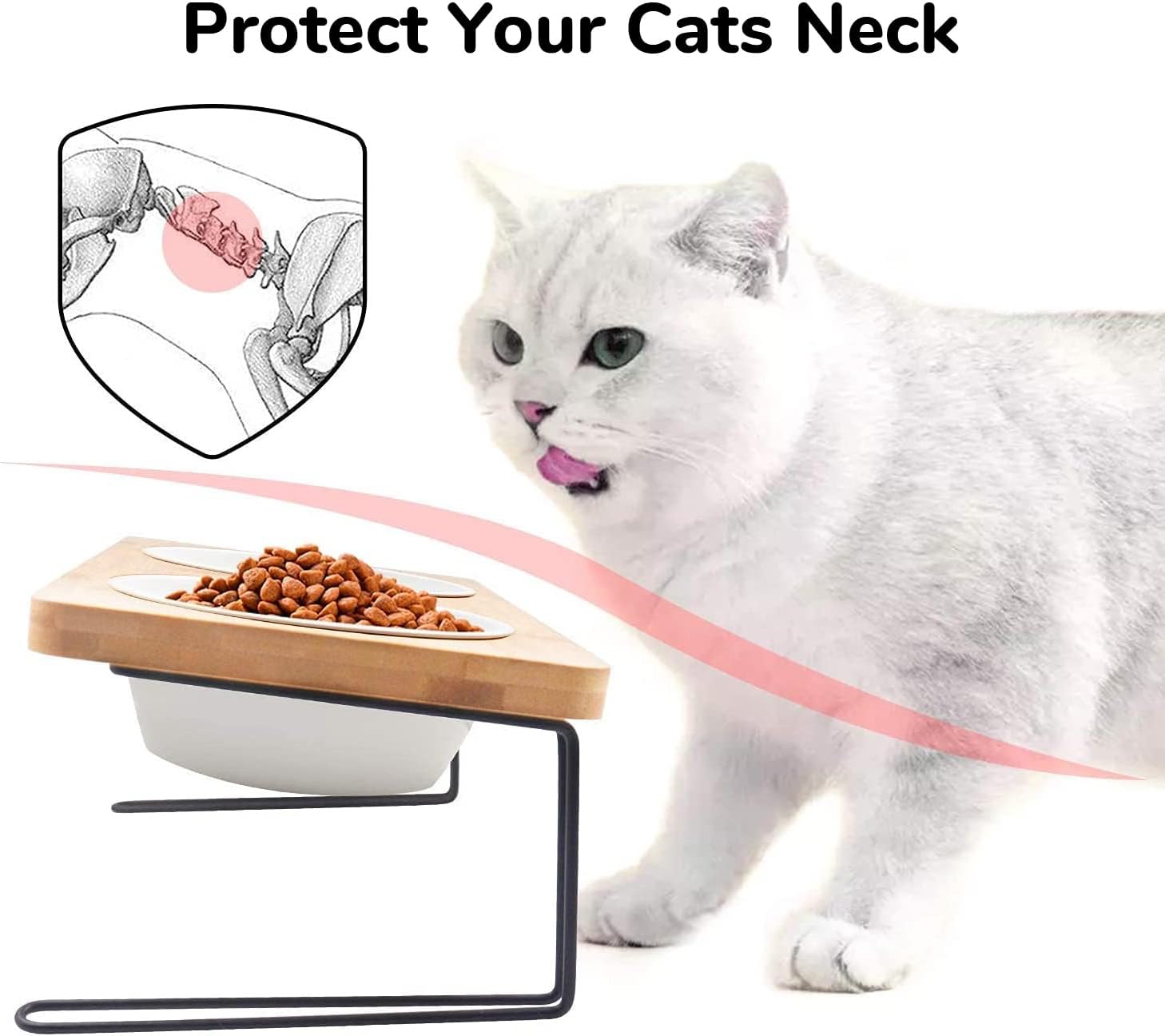 KFX-5644349 Tilted Ceramic Feeding Bowl Set with Bamboo Stand for Small Dogs and Cats