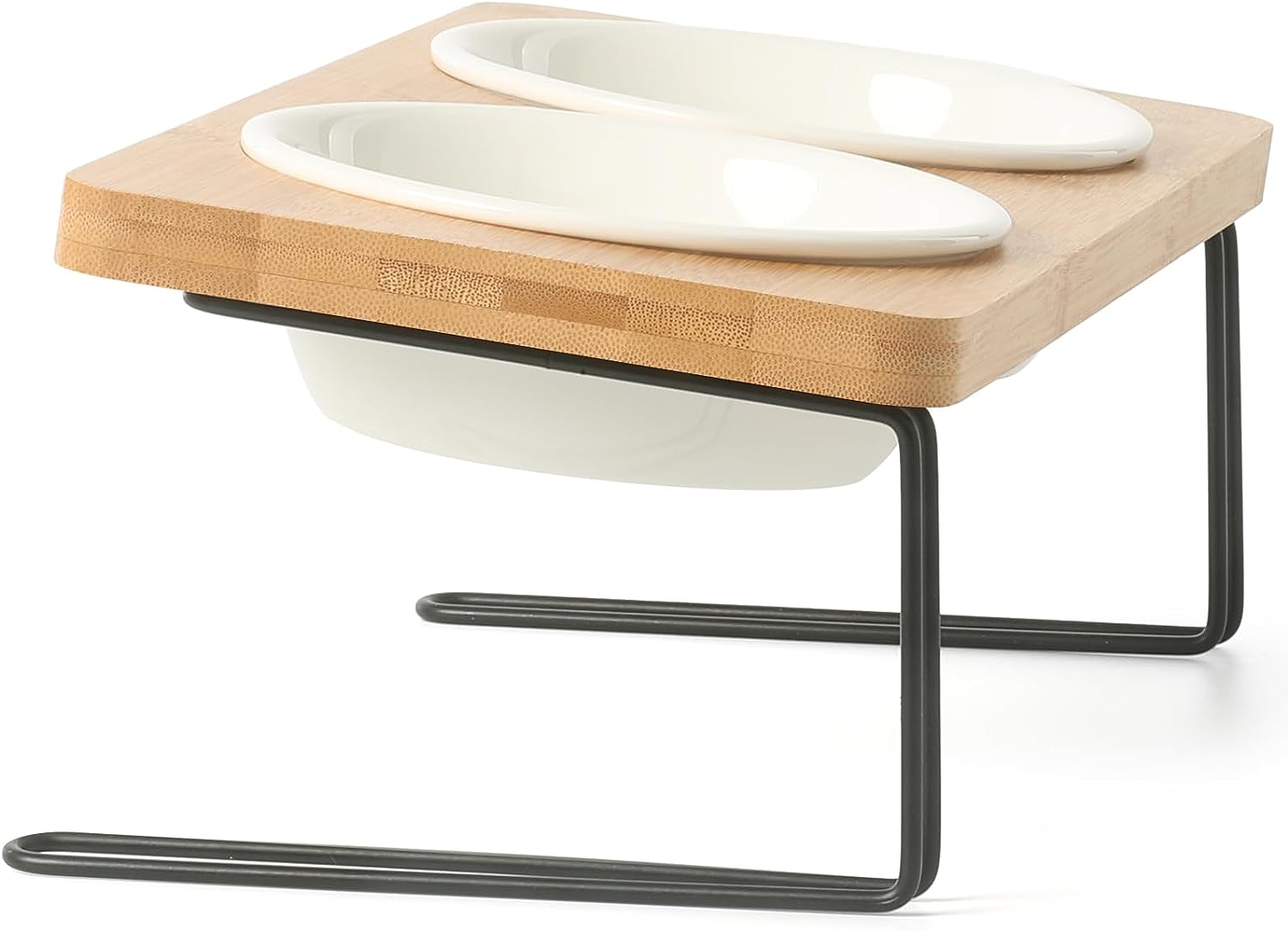 KFX-5644349 Tilted Ceramic Feeding Bowl Set with Bamboo Stand for Small Dogs and Cats