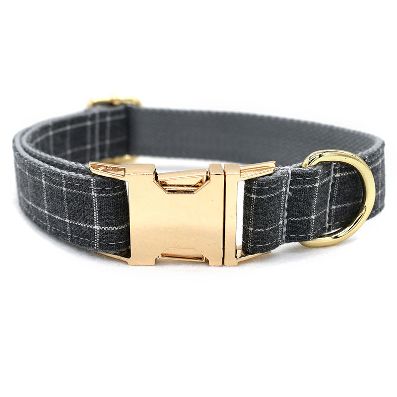 KFX-5644861 Stylish Grey Plaid Dog Collar with Golden Metal Button, Adjustable Nylon Design