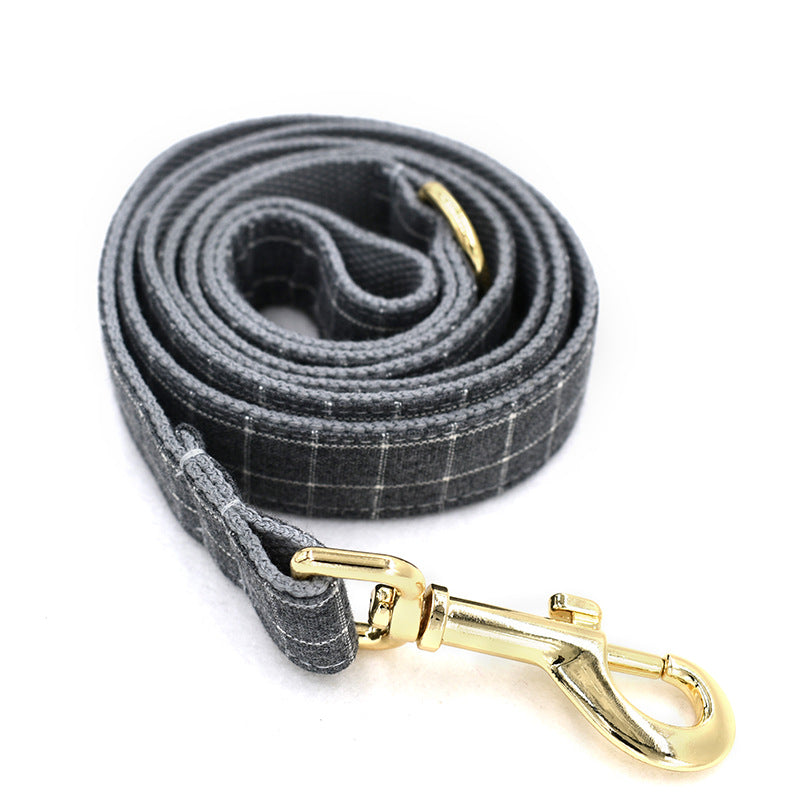 KFX-5644861 Stylish Grey Plaid Dog Collar with Golden Metal Button, Adjustable Nylon Design