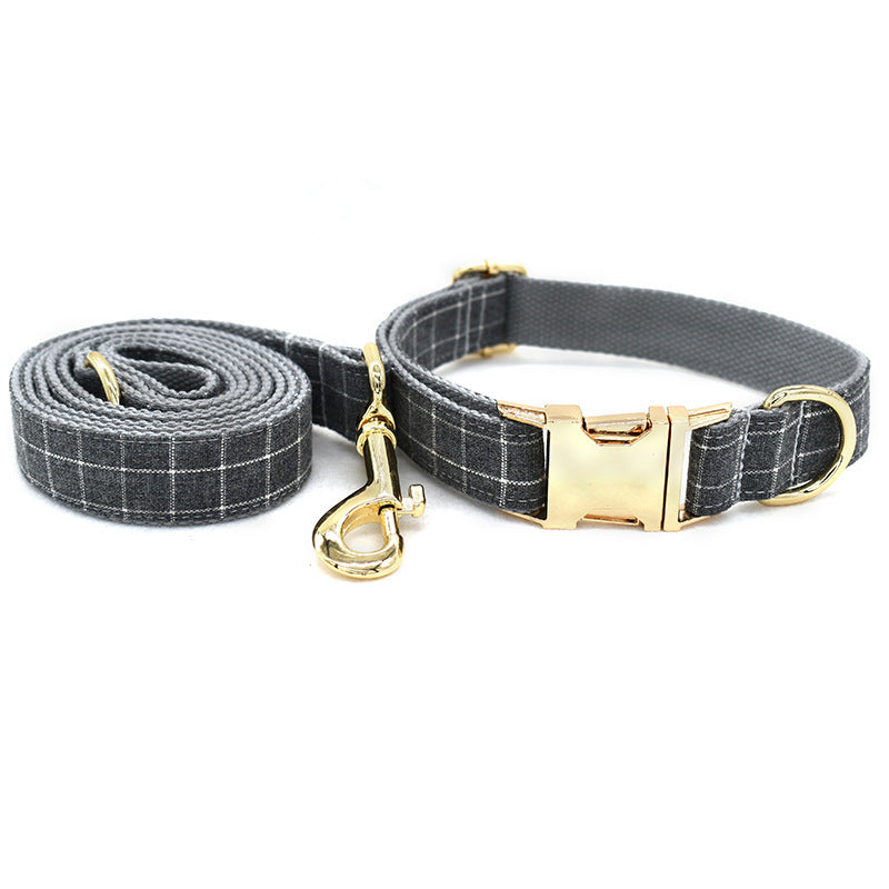 KFX-5644861 Stylish Grey Plaid Dog Collar with Golden Metal Button, Adjustable Nylon Design