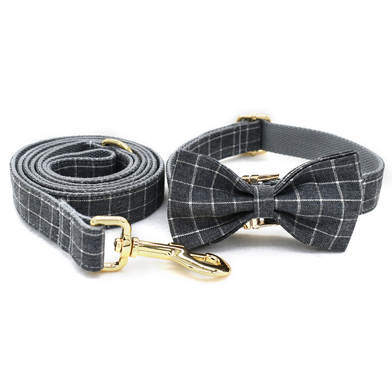 KFX-5644861 Stylish Grey Plaid Dog Collar with Golden Metal Button, Adjustable Nylon Design