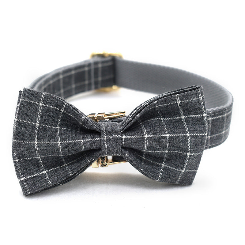 KFX-5644861 Stylish Grey Plaid Dog Collar with Golden Metal Button, Adjustable Nylon Design