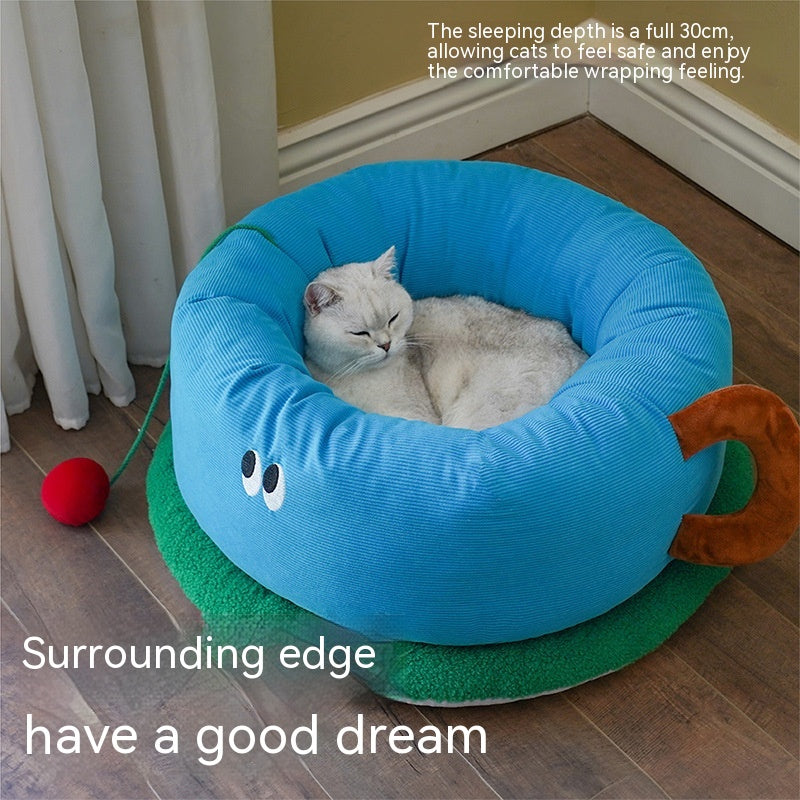 KFX-5646909 Sky Blue Teacup Dog Bed - Cozy Flannel Pet Kennel for Cats and Dogs, Size L65xW65xH30cm