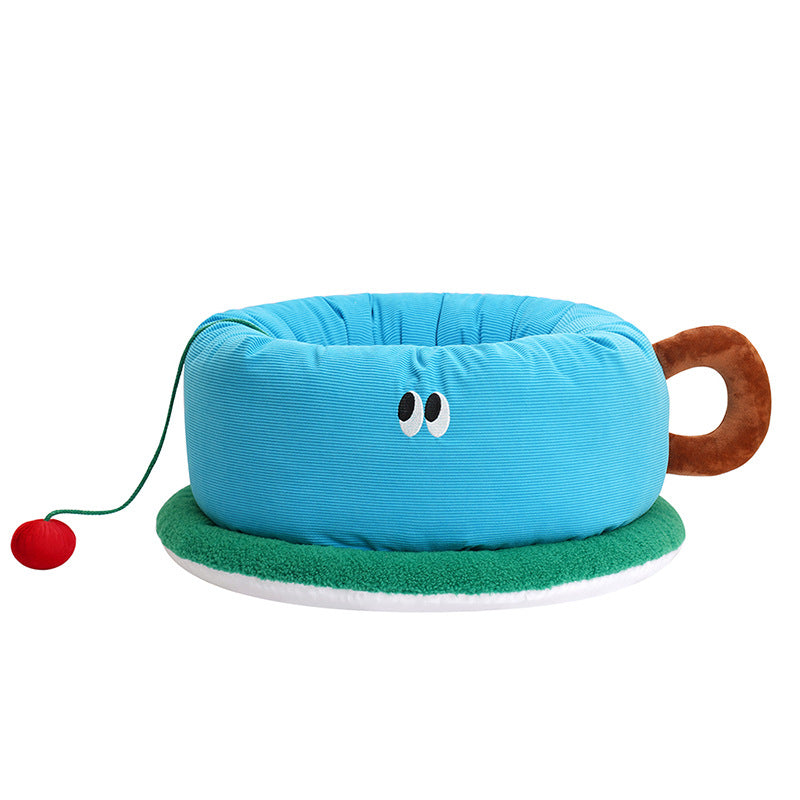 KFX-5646909 Sky Blue Teacup Dog Bed - Cozy Flannel Pet Kennel for Cats and Dogs, Size L65xW65xH30cm