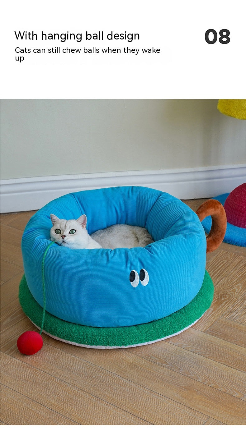 KFX-5646909 Sky Blue Teacup Dog Bed - Cozy Flannel Pet Kennel for Cats and Dogs, Size L65xW65xH30cm