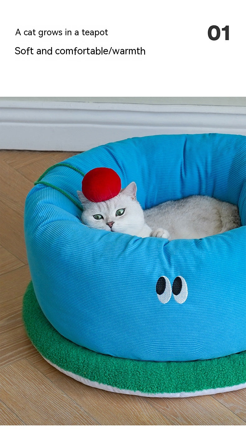 KFX-5646909 Sky Blue Teacup Dog Bed - Cozy Flannel Pet Kennel for Cats and Dogs, Size L65xW65xH30cm