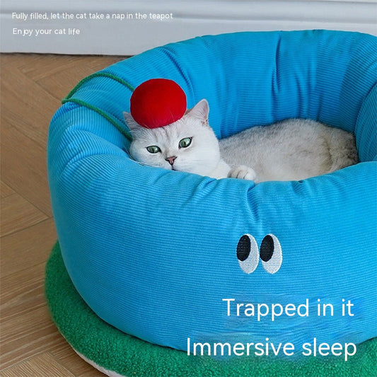 KFX-5646909 Sky Blue Teacup Dog Bed - Cozy Flannel Pet Kennel for Cats and Dogs, Size L65xW65xH30cm