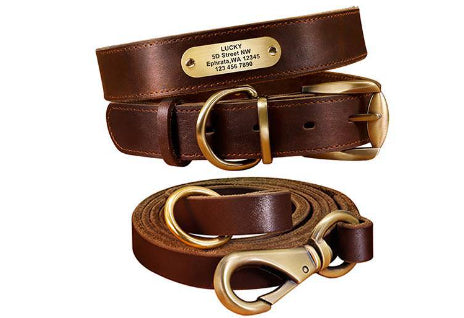 KFX-5648701 Personalized Cowhide Dog Collar with Nameplate ID Tag for Medium to Large Dogs