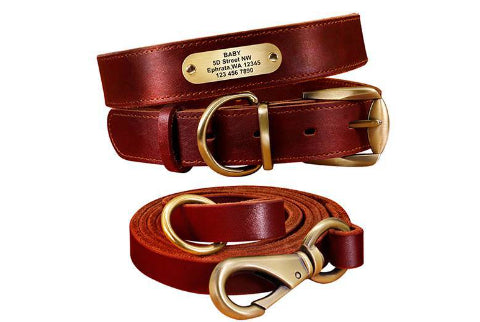KFX-5648701 Personalized Cowhide Dog Collar with Nameplate ID Tag for Medium to Large Dogs